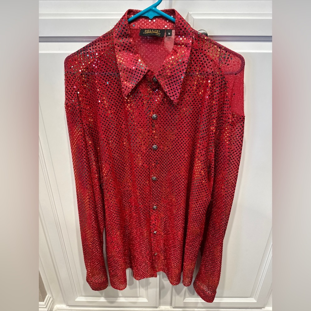 Dellini mens disco sequin shirt metal buttons good quality vintage Red 01 Medium